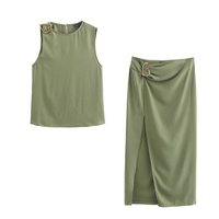 BM&MD&ZA2024 autumn new women's clothing drape sleeveless round neck top buckle decoration long slim midi sarong skirt