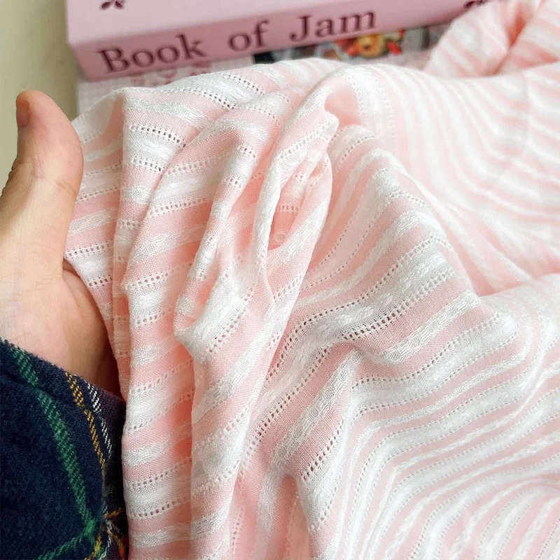 

Fabric Polyester-Cotton Green Purple Pink Striped Hollow Out Thin Dress Shirt Handmade Toy Doll Clothes Fabric