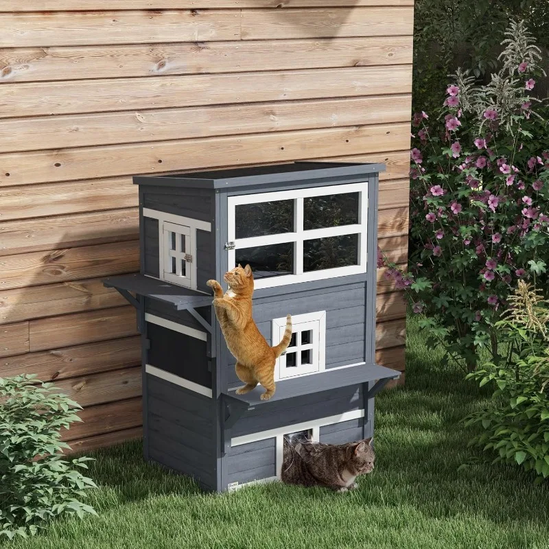 3-Story Cat House Feral Cat Shelter, Outdoor Kitten Condo with Raised Floor, Asphalt Roof, Escape Doors,  Dark Gray