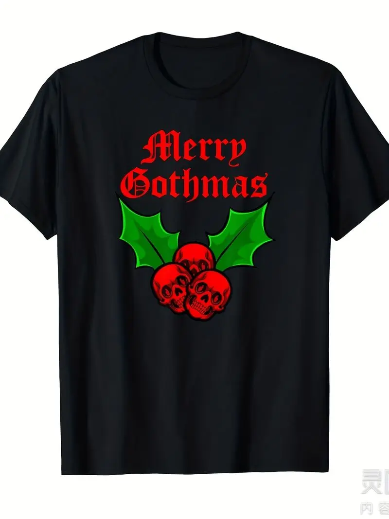 Merry Gothmas Holly Skulls Goth Christmas Emo Xmas T-Shirt - Unisex Matching Male & Female 220Gsm Pure Cotton Retro Graphic Tee