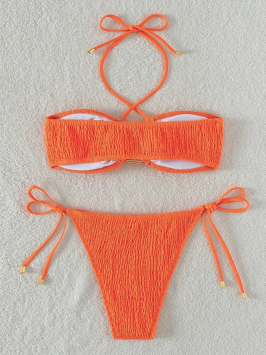 Halter Tie Side Pleated Smocked Bikini Women Bandeau Swimsuit Female Swimwear Two Pieces Bikini Set Bathing Suit Swim Beach Wear