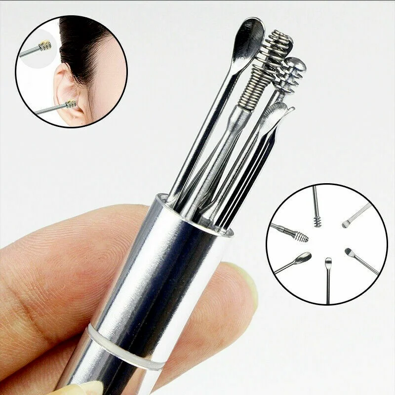 6Pcs Stainless Steel Scoop Spring Ear Cleaning Tool Kit Cylindrical Stainless Steel Packaging