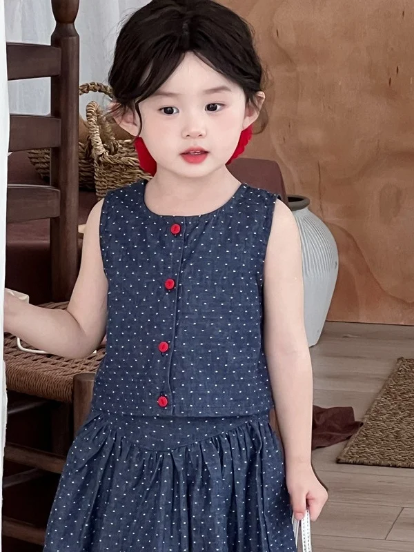 Summer Polka Dot Outfit for Girls Sleeveless Button up Top Half Skirt Trendy Two Piece Set Breathable Short Sleeve round Neck