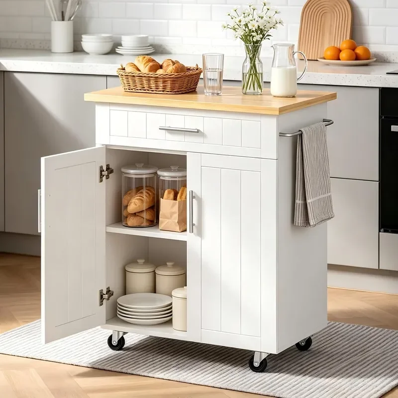 26 Rolling Kitchen Island Cart on Wheels Mobile Storage Cabinet with Drawer Inner Shelves Towel Rack Lockable Casters Wood