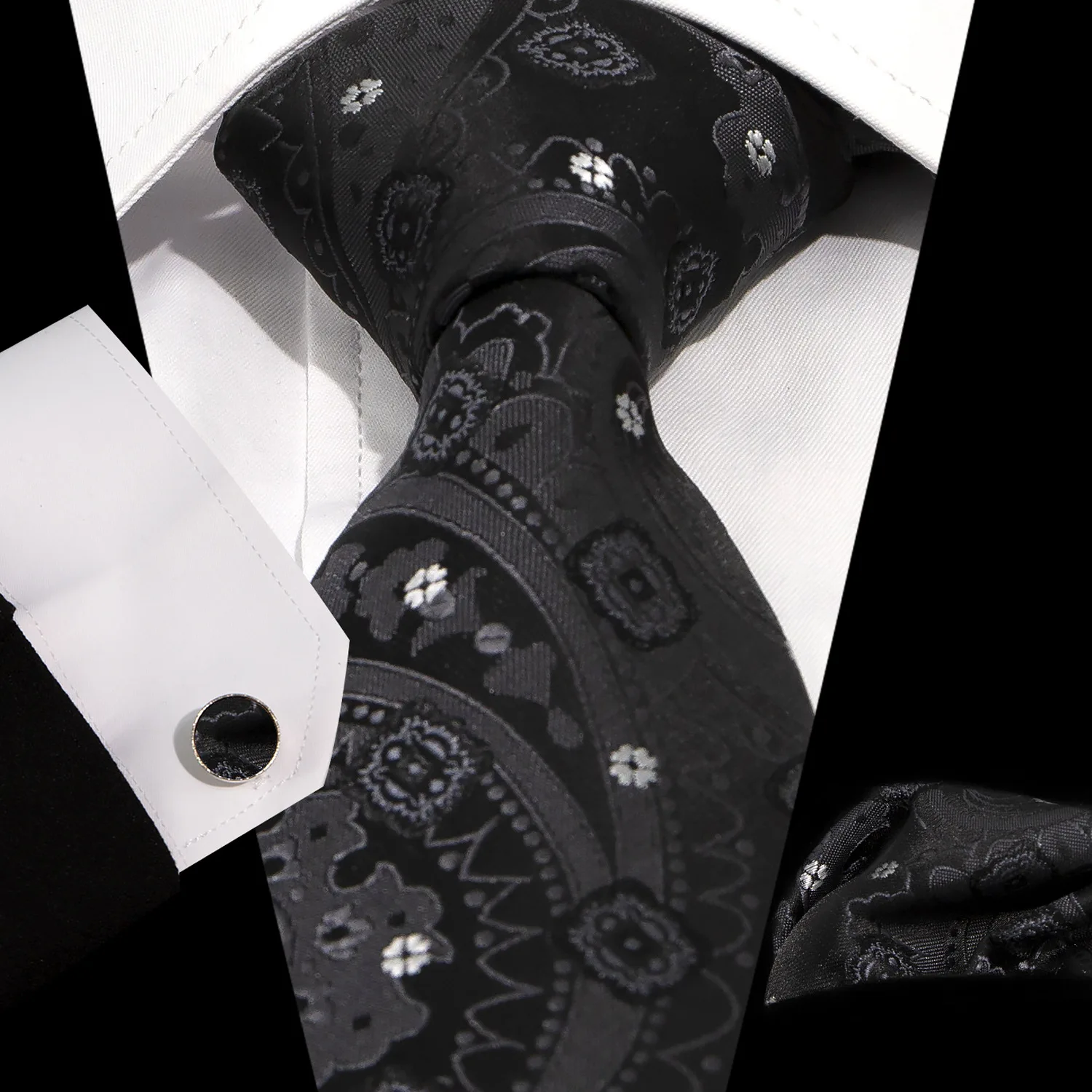 Spot Black Tie Pocket Scarf Cufflinks Set Casual Retro 8.5cm Jacquard Paisley High Density Tie