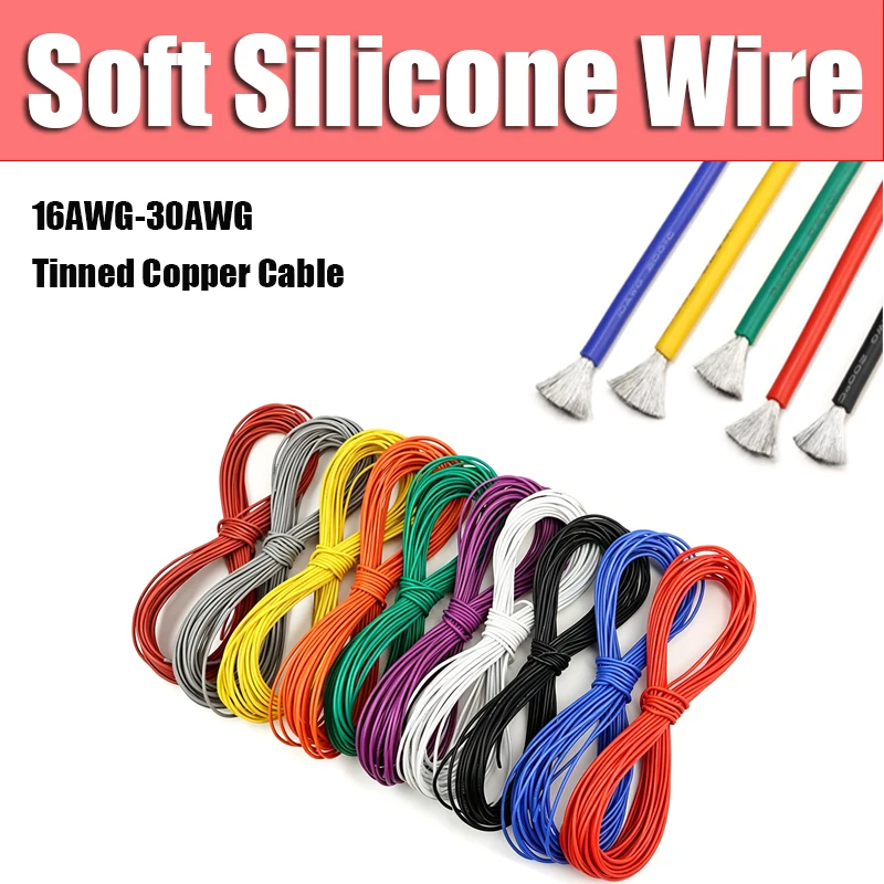 1/5/10m Soft Silicone Wire 16AWG-30AWG Lamp Lighting Cable Automotive Solar Panel Battery Connector Electric Tinned Copper Cable