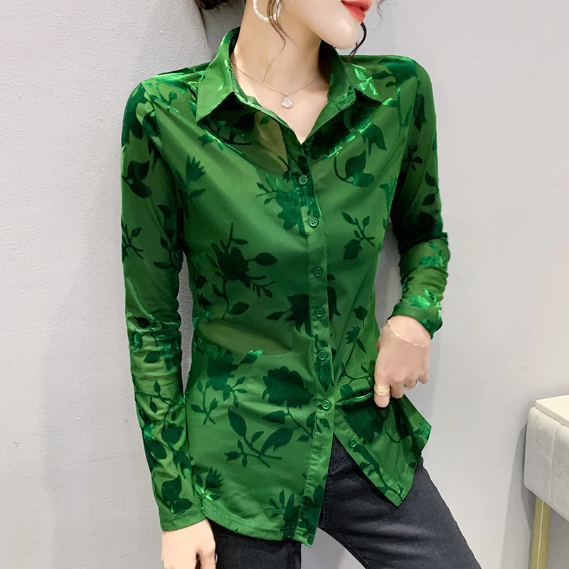 

Transparent Mesh Shirts Women New Spring Autumn Velour Shirts Woman See Through Green Mesh Blouses Tops