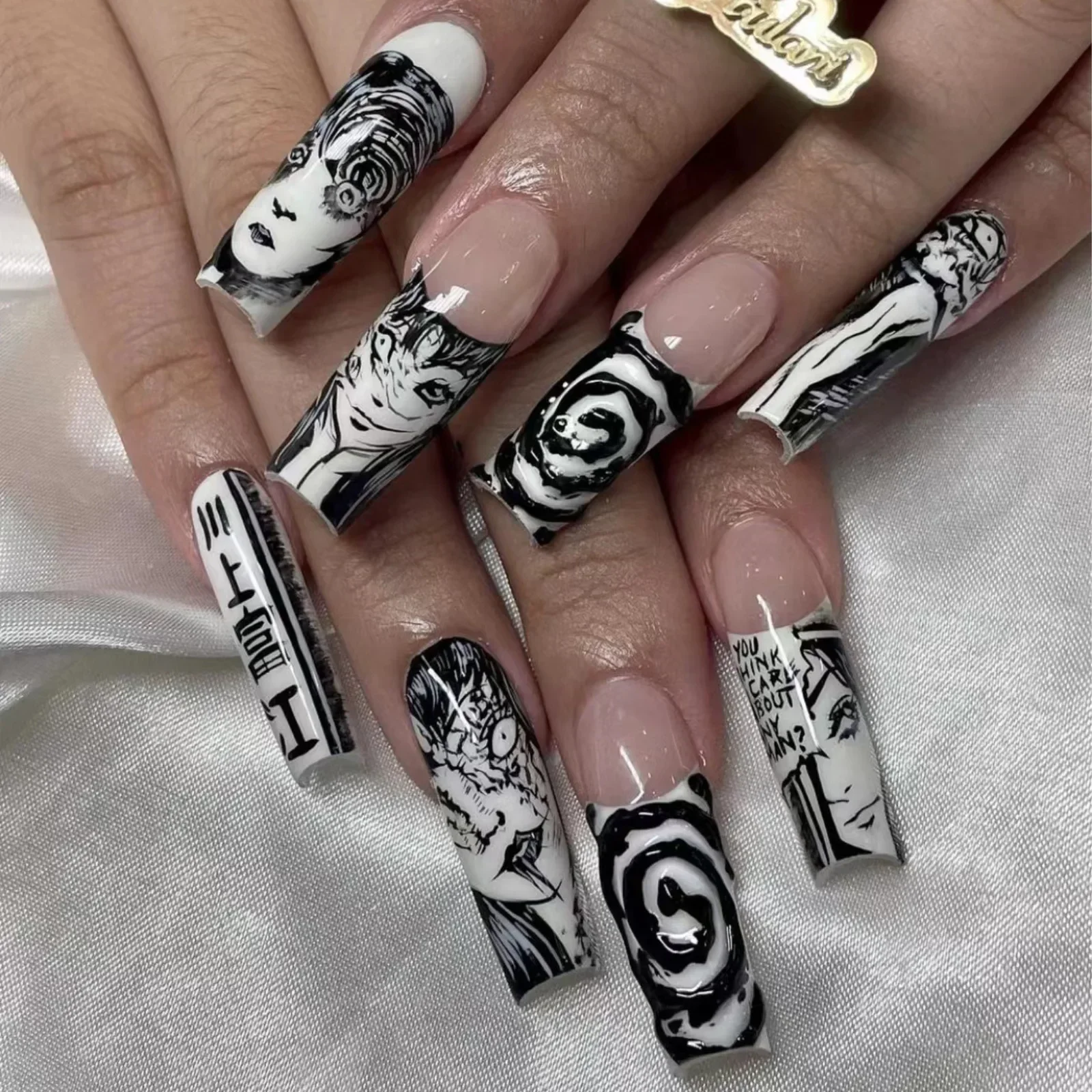 French Tips Press on Nails Long Fake Nails Black White Anime Comics Design Full Cover Punk Acrylic Artificial False Nails 24PCS