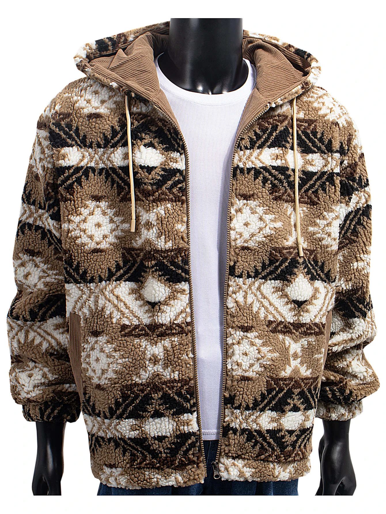 

Мужская осенне-зимняя куртка с капюшоном из овечьего флиса, полная молния, ретро-узор на шнуровке, плотное и теплое пальто, свободное и повседневное.