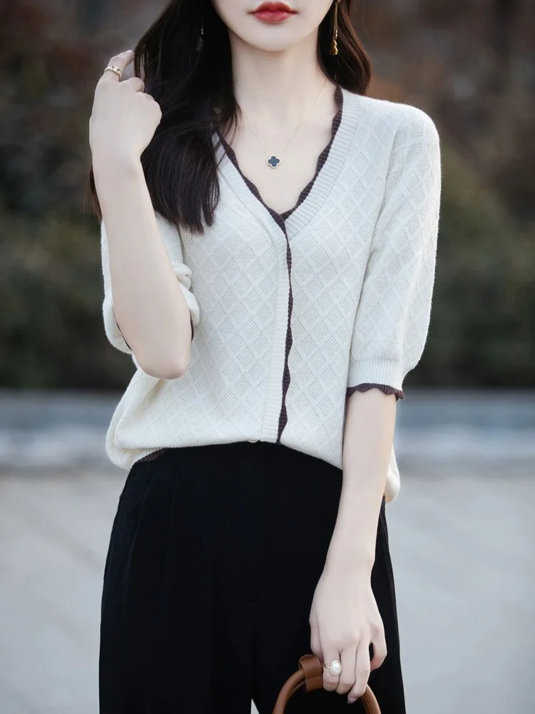 

Весенне-летняя женская футболка из трикотажа из чистого хлопка, свободный крой Ele f Sve, большой размер, маленький аромат, V-образный вырез...