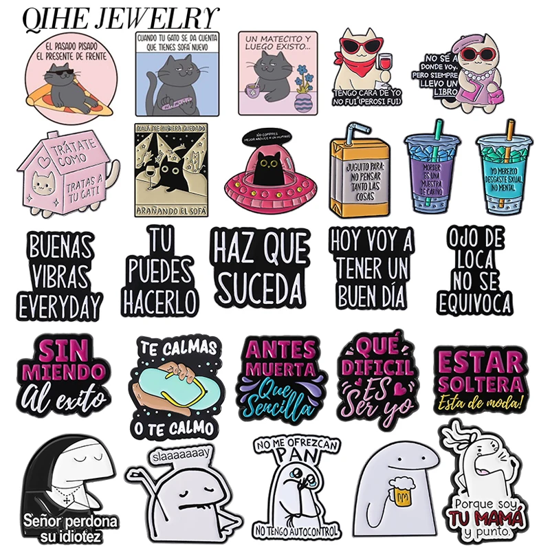 مضحك الإسبانية يقتبس ولطيف القط سلسلة المينا دبابيس عصا الشكل لو Mejor Esta Por Venir HAZ QUE SUCEDA بروش شارة هدية الأصدقاء