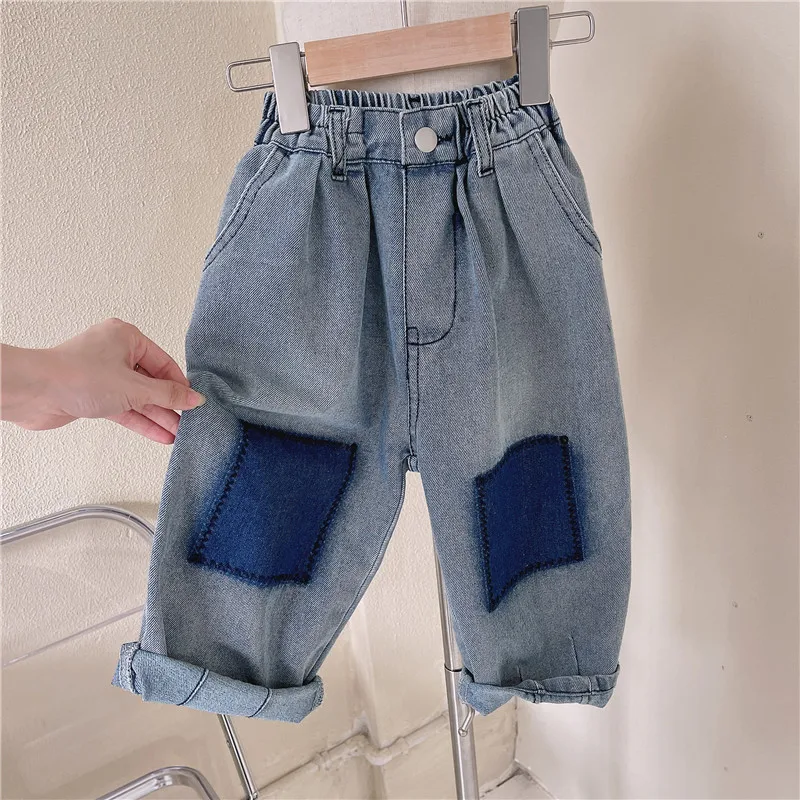 Spring and Autumn Children\'s Contrast Wide Leg Jeans Contrast Loose Relaxed Pants for Boys and Girls Jeans Baby Kids Trousers