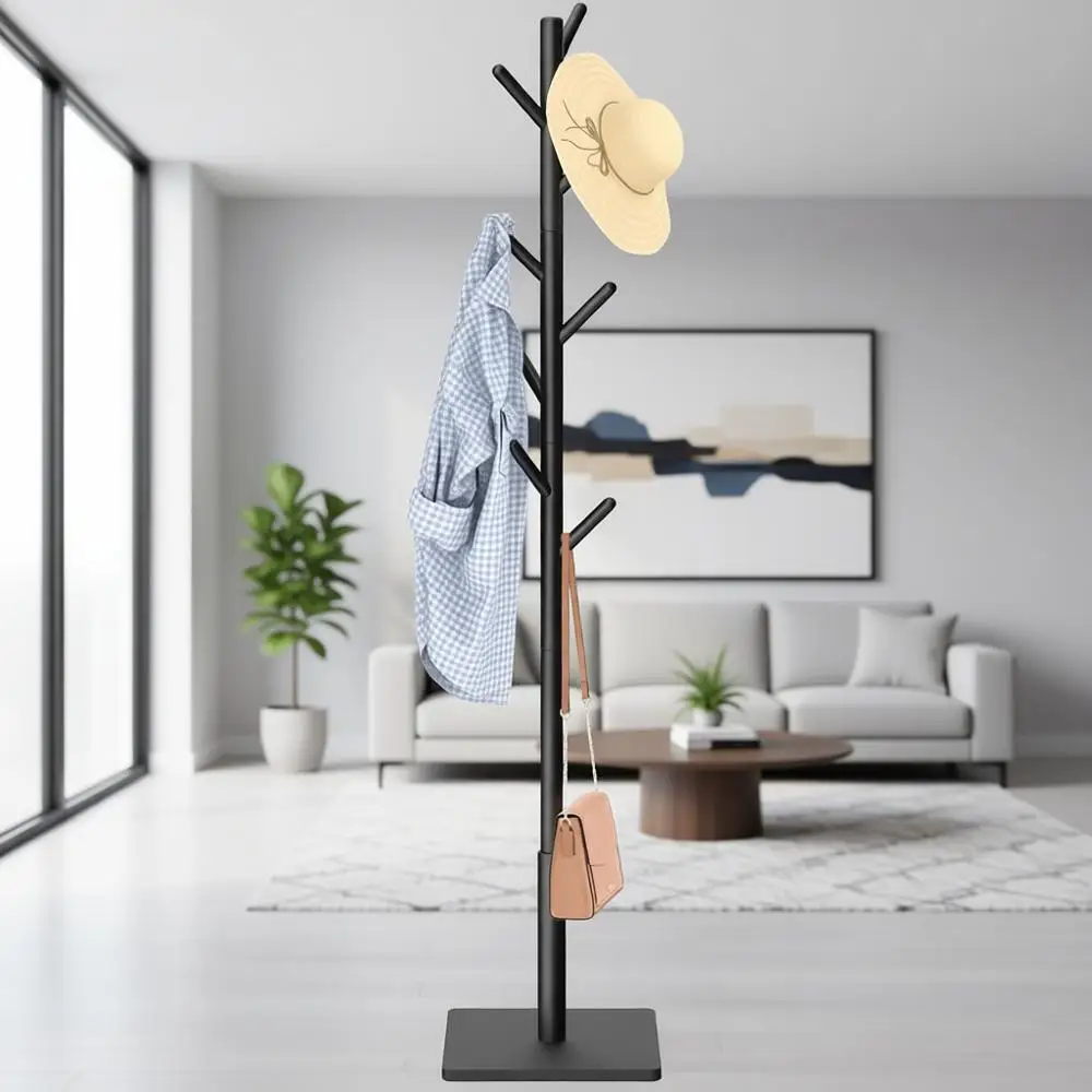 

Sturdy Black Coat Rack with Square Base, 8 Hooks, Adjustable Sizes for Bedroom, Office, Entryway