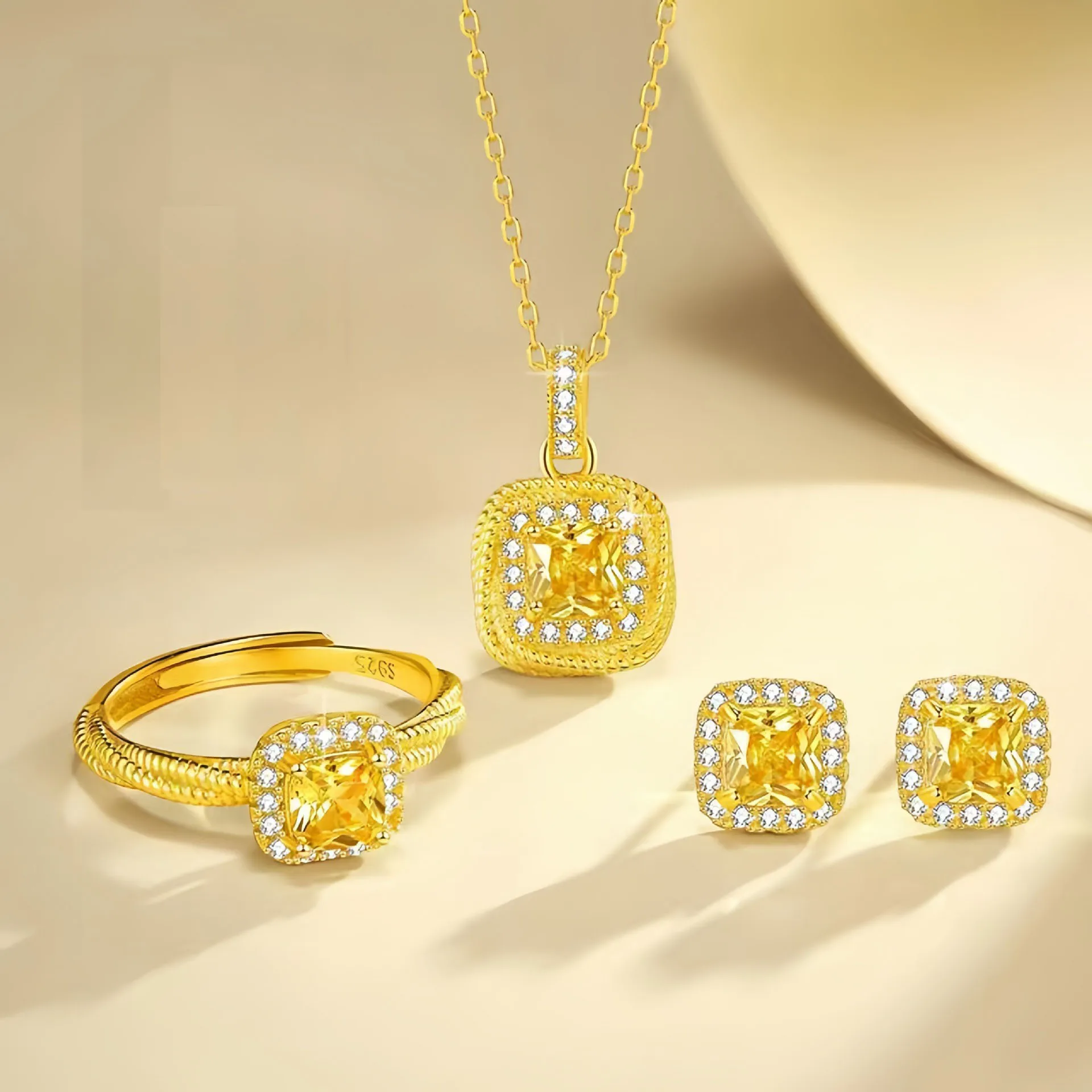 Square Sugar Natural Yellow Citrine Necklace+Earring+Ring Set 925 Sterling Silver Princess Cut Gemstone Jewelry Set for Women