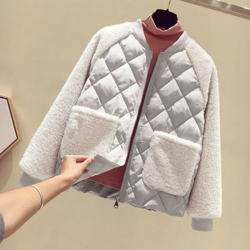 Quilted Coats Wool Like Splicing Women Warm Comfortable Small Cotton Jacket Autumn Winter Fashionable Simple Female Clothing