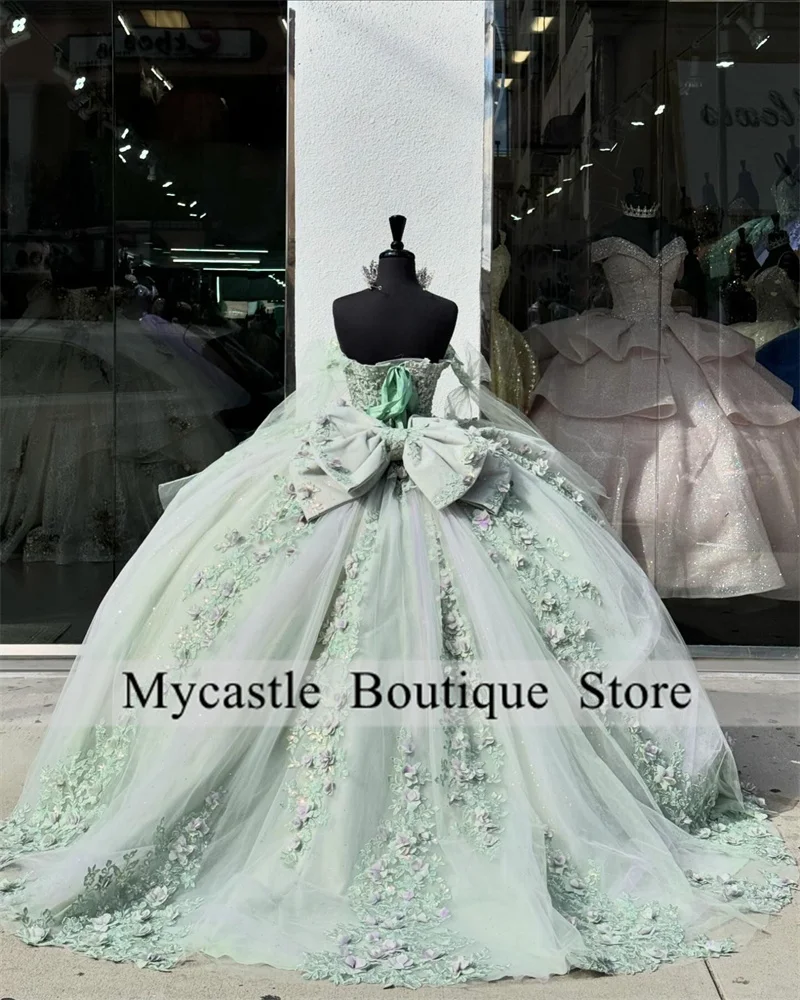 Vestido De baile De Princesa con Apliques De encaje verde, quinceañera, cuentas De lazo, dulce 15, 15 años, 2024