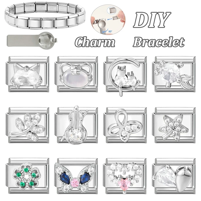 الزركون القلب القوس الكرز الصليب ستار القمر اللؤلؤ الصلب اللون الإيطالية سحر الروابط صالح 9 مللي متر الفولاذ المقاوم للصدأ سوار النساء DIY بها بنفسك صنع