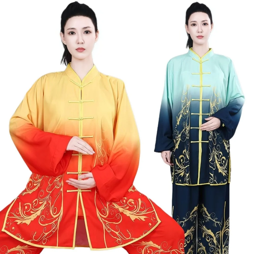USHINE Unisex Gradient Elastic Pearl Cotton Tai Chi Clothing Gold Embroidery Wushu Training Kung Fu Uniform
