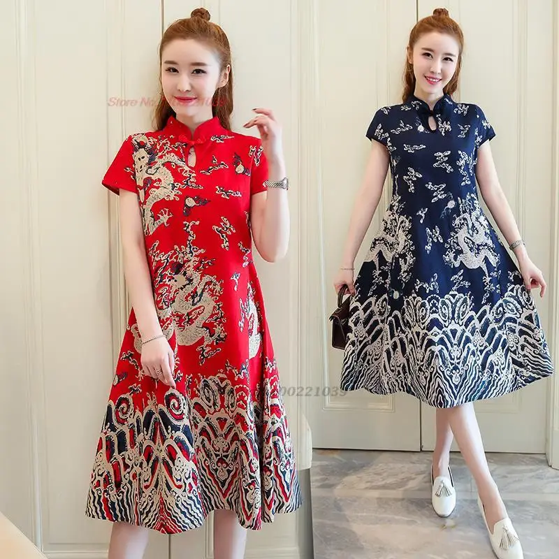 2025 chinese vintage dress qipao national dragon print qipao dress cotton linen improved cheongsam oriental folk a-line dress