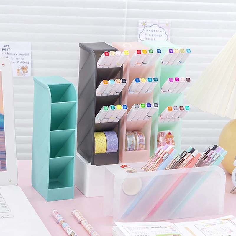 

4 Grid Oblique Insert Plastic Pen Storage Box Pen Container Desktop Office Pencil Stationery Holder Makeup Tools Organizer