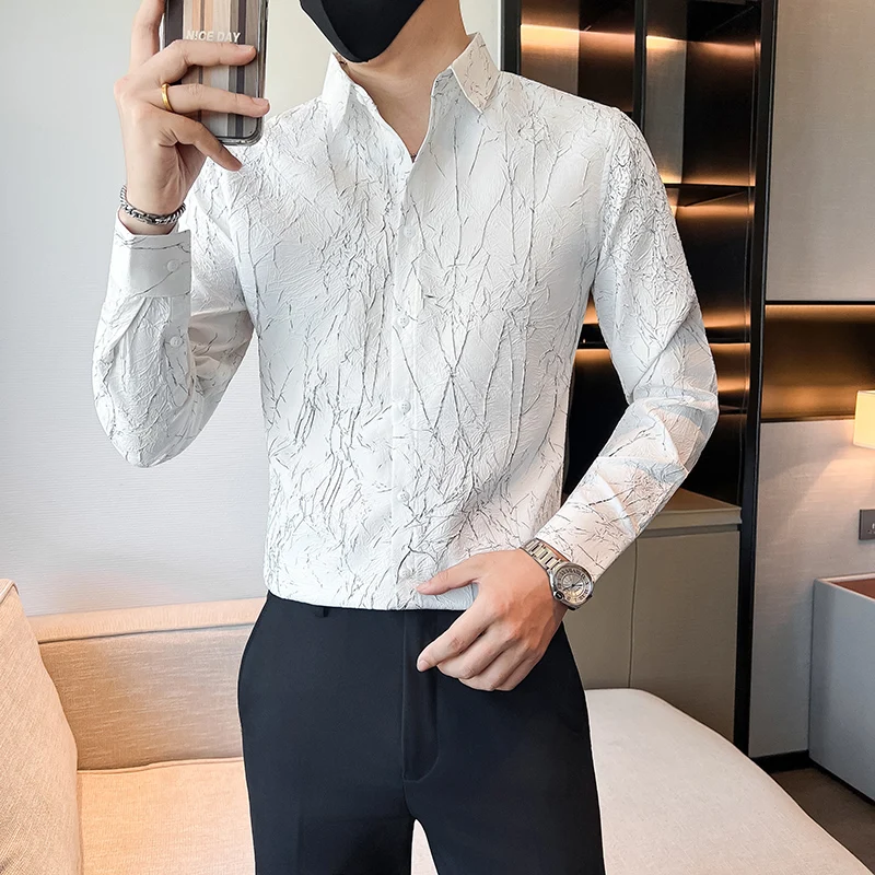 

Осень-зима, художественная полосатая рубашка с принтом для мужчин, облегающие повседневные рубашки с длинным рукавом, мужская рубашка с лацканами, деловая вечеринка, смокинг, блузка