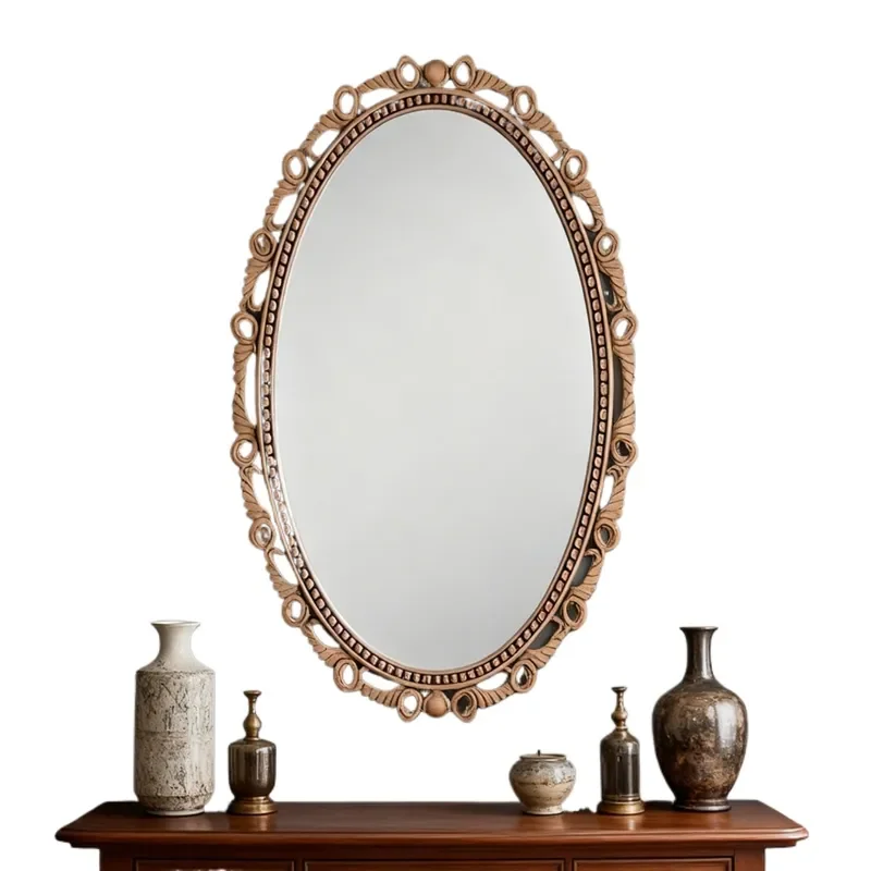Country Style Round Buckle Hollow Oval Mirror Double Layer Bead Point Engraving Makeup Mirror for Bedroom Entrance