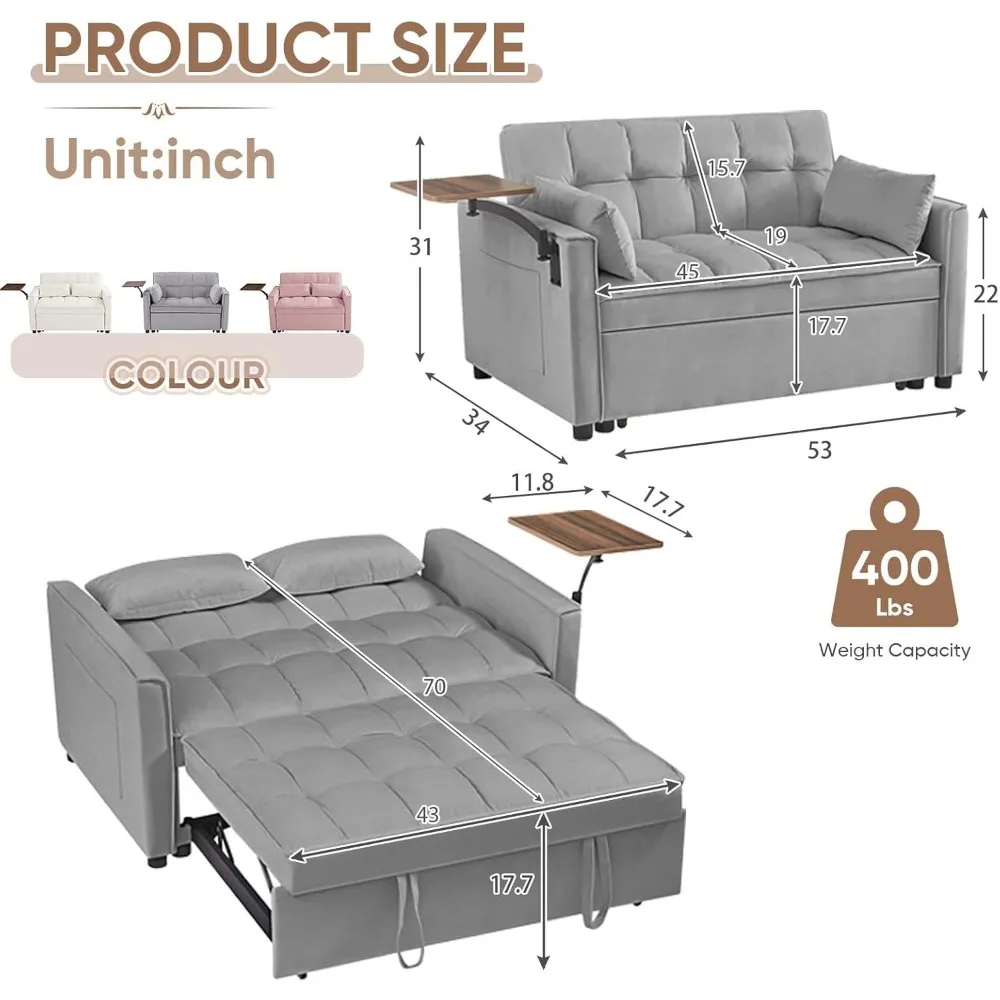أريكة سرير قابلة للتحويل مع 360 درجة ° طاولة جانبية دوارة، نائمة بمقعدين مخملي حديث، سرير قابل للسحب مع ميزات قابلة للتعديل #2