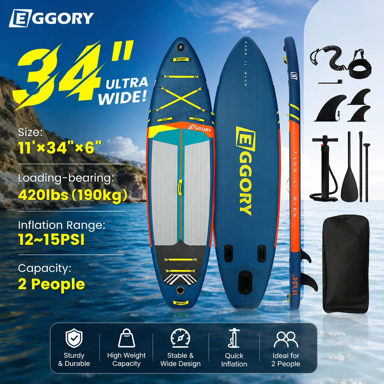 SUP Outdoor-Wasserstation-Board „Eggory Blue“ mit horizontalem Muster, aufblasbares Paddleboard 335 * 86 * 12, leicht und einfach zu transportieren, geeignet für Familienreisen, Wasseryoga, Angeln,