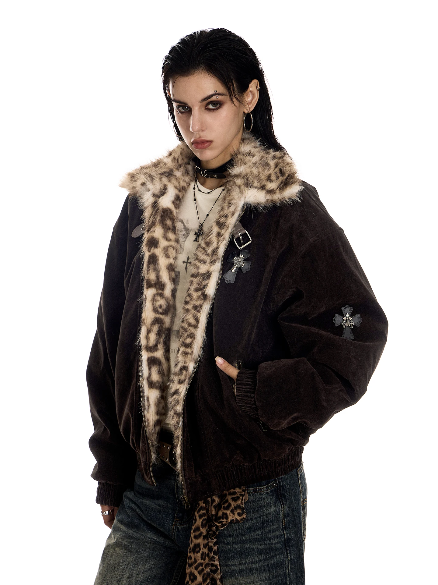 

Женская вельветовая куртка 023start в американском стиле, хлопковое пальто с леопардовым принтом и орлом, зимняя верхняя одежда, уличный стиль