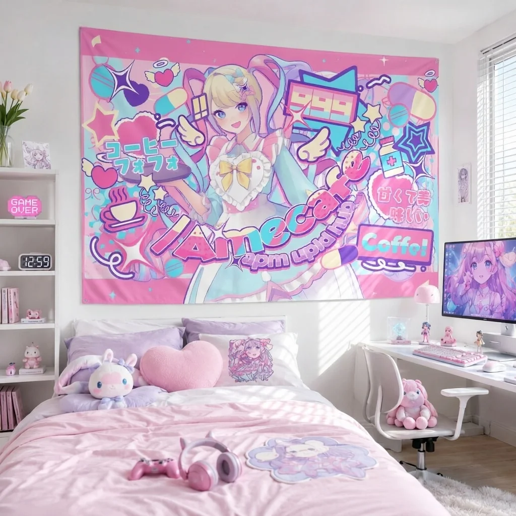 k-KAngel Pixel Tapestry, Pastel Y2K Internet Angel Wall Hanging, Kawaii Aesthetic Decor for room decoration items