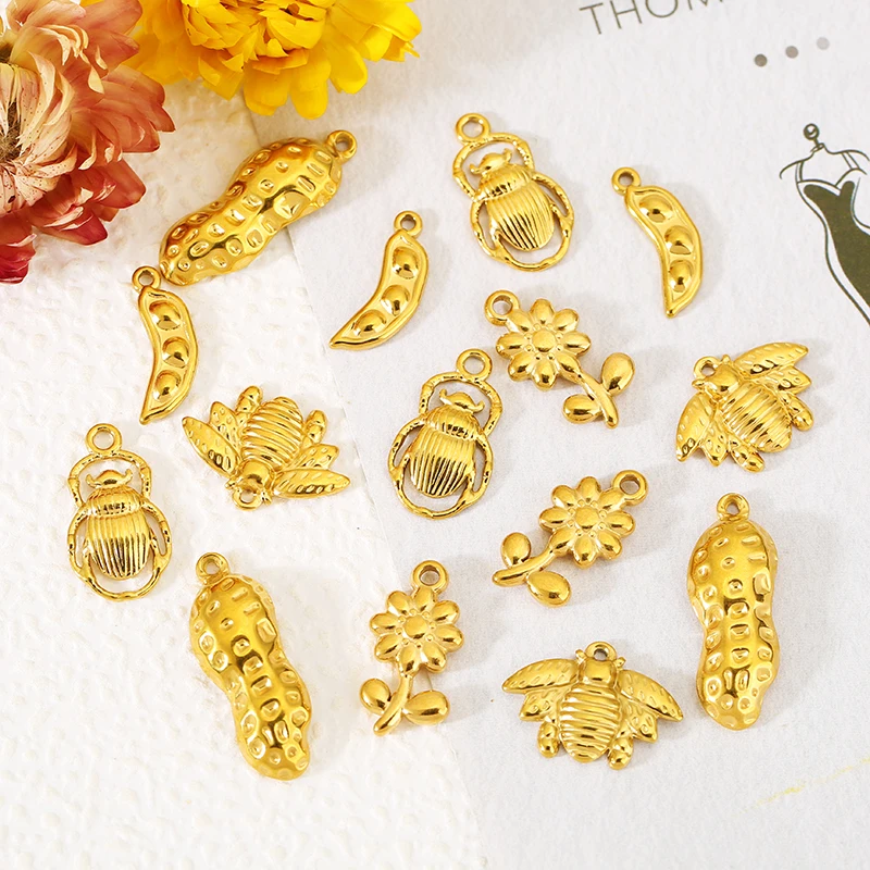 5pcs Stainless Steel Bee Flower Peanut Charm Pendant Suitable for Homemade Necklace Earring Retro Jewelry Materials Accessories