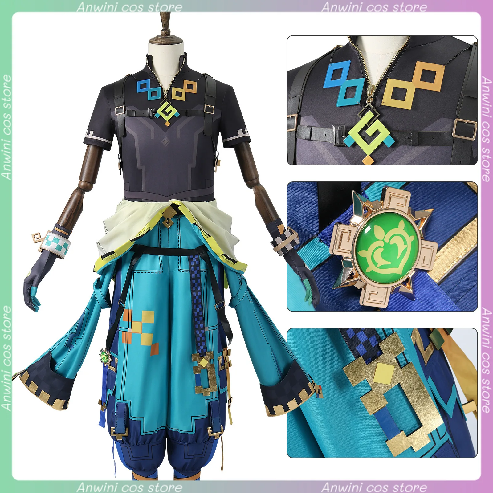 Genshin Impact Anime Kinich Cosplay Costume Wigs Tops Pants Gloves Earrings Set Role Playing Dress-up Comic Con Halloween Outfit - Image 4