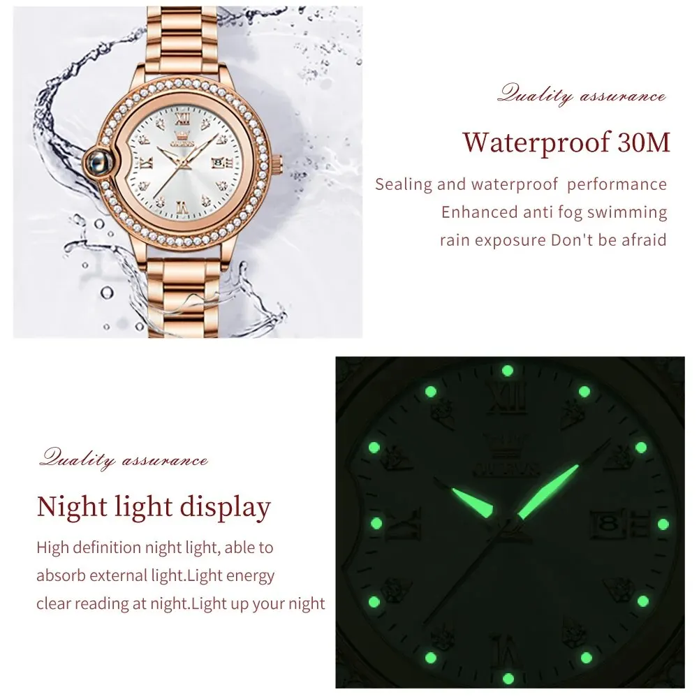 OLEVS 5588 Luxury Diamond Quartz Watch for Women Stainless Steel Waterproof Luminous Auto Date Hand Clock Top Ladies Wristwatch