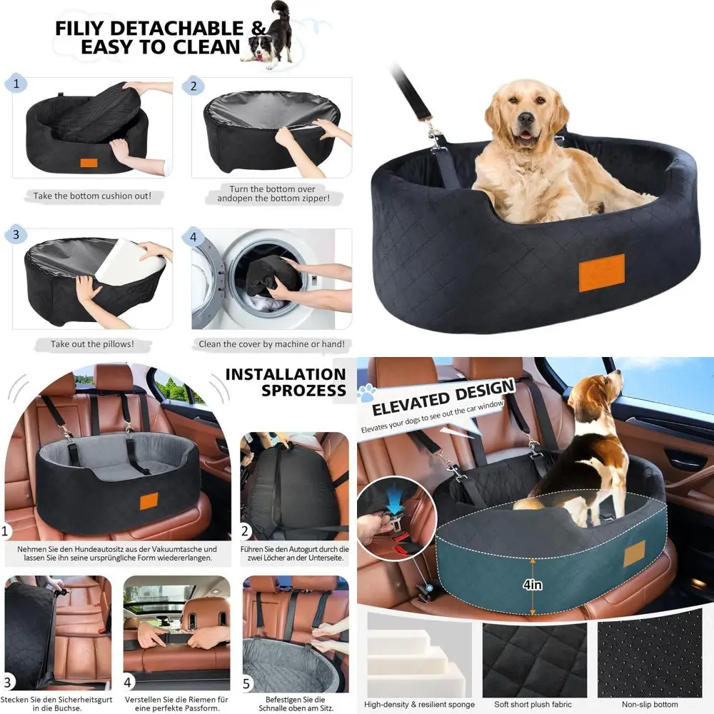 

Portable Travel Dog Bed for Medium Dogs Up to 50 lbs, with Safety Strap, Thick Cushion, Non-Slip Base, Washable and Suitable for