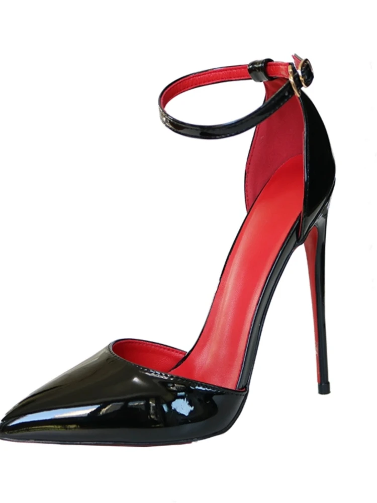 Red sole hollow straight strap super high heels sandals with red interior pointed patent leather oversized single shoe