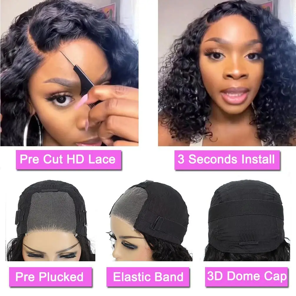 Wear And Go Glueless Wigs Human Hair Pre Cut 4x4 Short Deep Curly Bob 13x4 Lace Front Wigs For Black Women Natural Hairline Hair