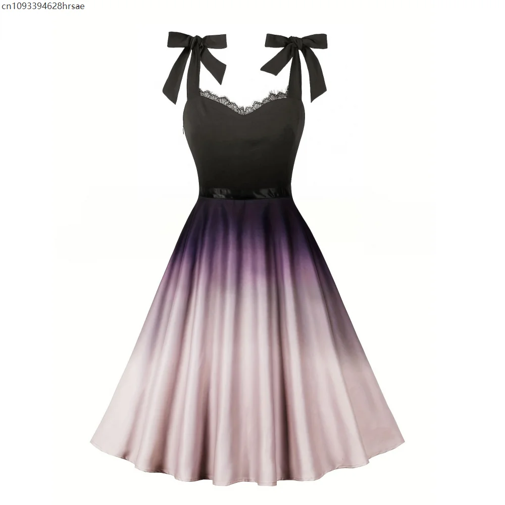 

1950s Lace Trim Sweetheart Neck Color Gradient Prom Party Dresses for Women Vacation Summer Knot Strap Vintage Swing Dress