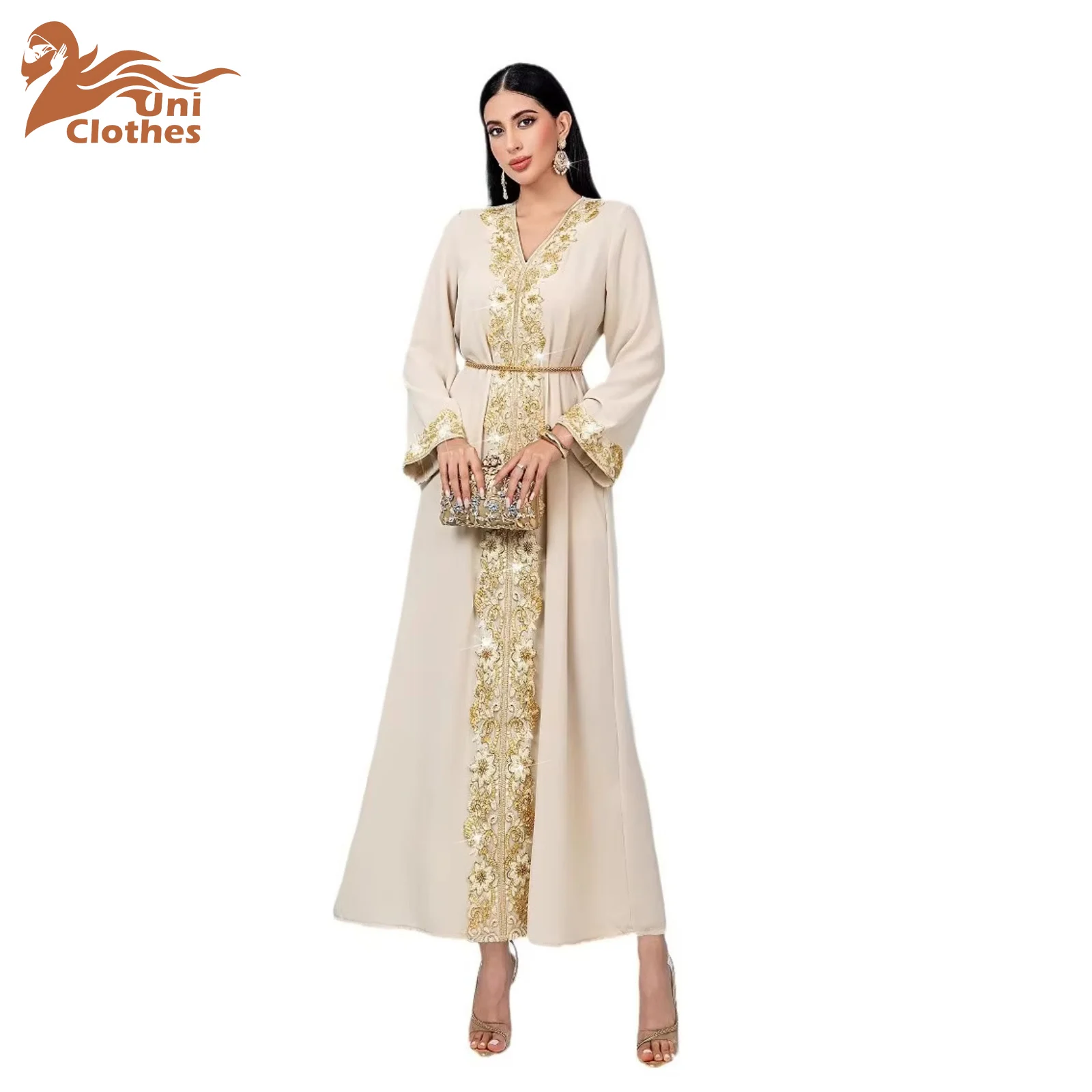 UNI Lace Embroidery Morocco Dress Muslim Women Abaya Lace-up Prayer Maxi Long Sleeve Robe India Abayas Dubai Vestidos Largos