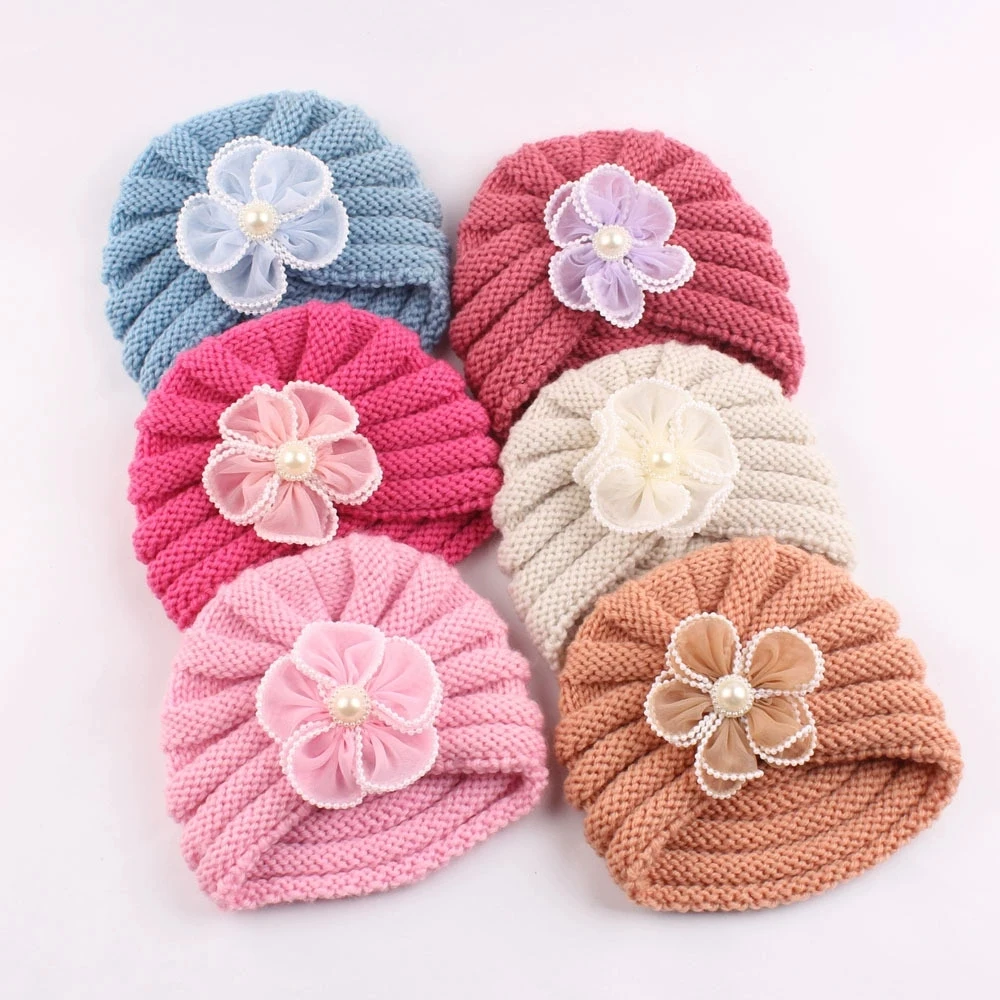 Gorro tejido para bebé, gorro de flores de gasa, gorro de invierno para niños pequeños, gorro cálido de punto para bebés, Gorros para niñas, gorro de lana con perlas