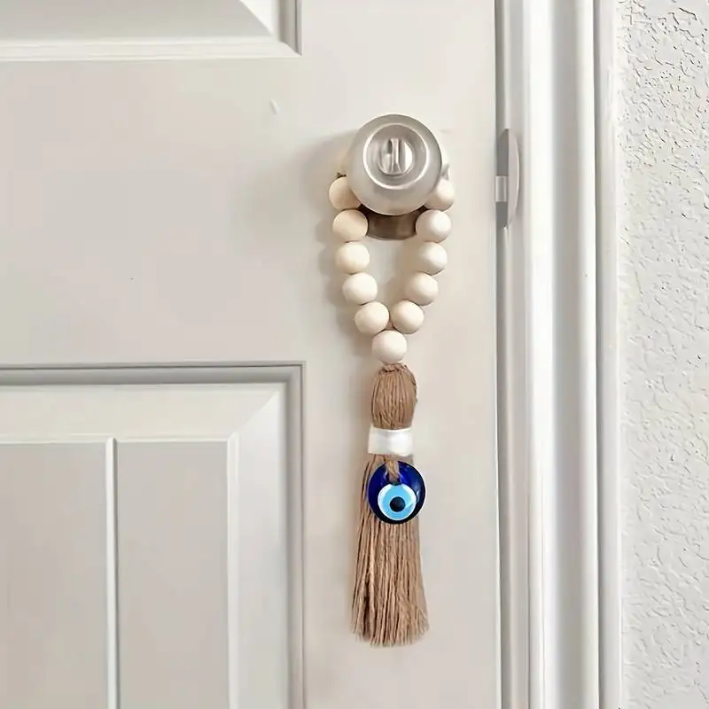Bohemian Style Blue Eye Wooden Bead Tassel Pendant Wall Door Handle Car Interior Rearview Mirror Hanging Ornament Protection Blessing Pendant