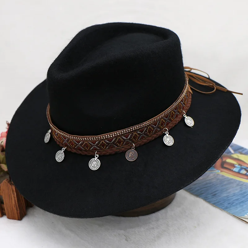 Chapeau tibétain en feutre de laine avec pompon, accessoires rétro, chapeau de cow-boy occidental, Europe et Amérique