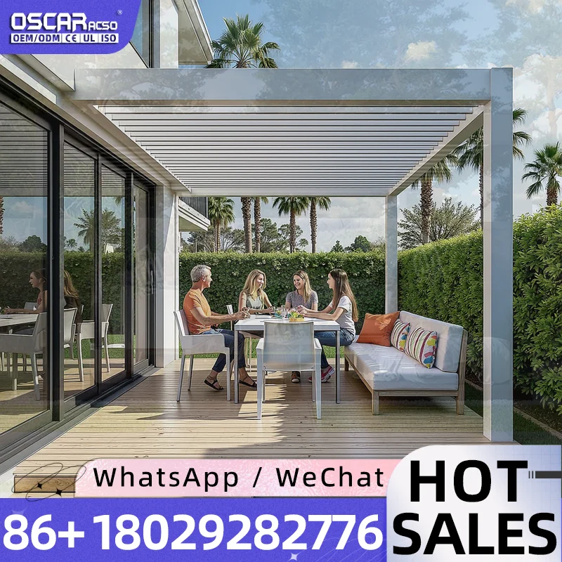 Electric Retractable Aluminum Louvered Pergola Bioclimatic Garden Shelter With CE RoHS Certificate for Backyard Patio Balcony pe