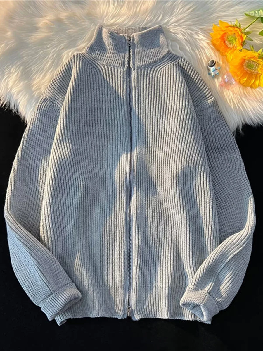 レトロ日本 Thiened 暖かいニットジッパーカーディガンメンズ秋冬トレンディなルーズアウタースタンドカラーセーター