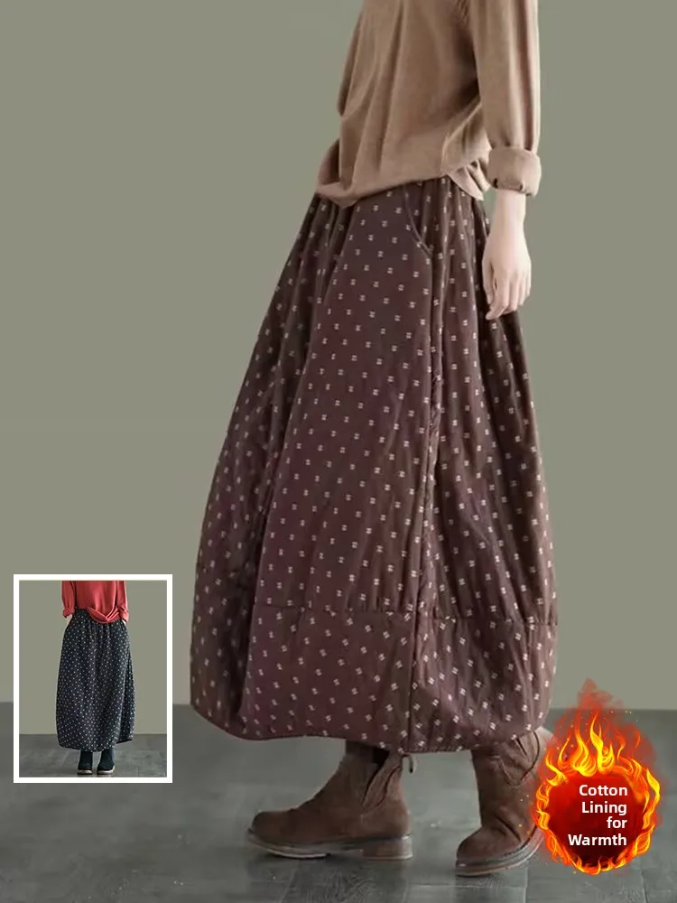 

Юбка миди А-силуэта из хлопка и льна с ретро-принтом и пэчворком, с завышенной талией, стройнящая, длинная, для полных женщин