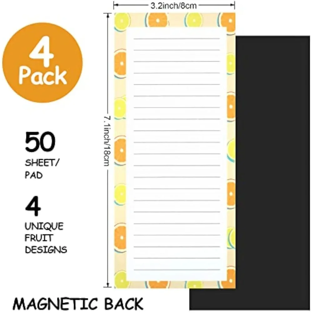 Bloco de notas magnético rasgável, design de frutas, 200 peças, 4 livros, adesivos macios para geladeira, memorandos, lista de compras, notas pegajosas, suprimentos de papelaria