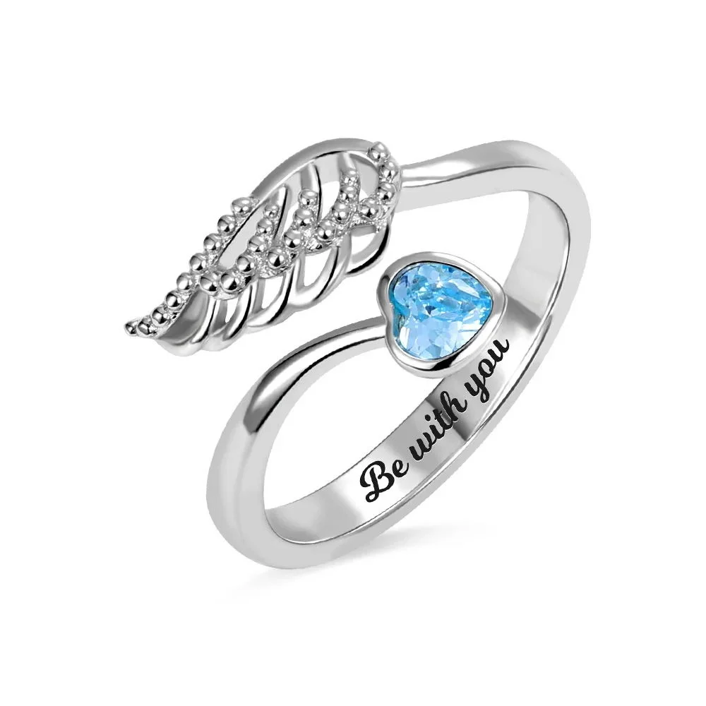 

Personalized "Forever by My Side" Angel Wing Engraved Name&Birthstone Rings 925 Sterling Silver Jewelry Birthday Gifts for Women