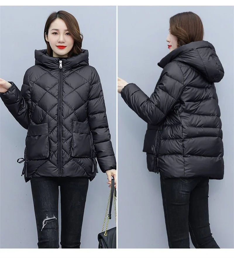 Chaqueta corta de algodón con capucha para mujer, chaqueta cálida de plumón coreano, gruesa, superficie brillante, sin lavado, invierno, 2023