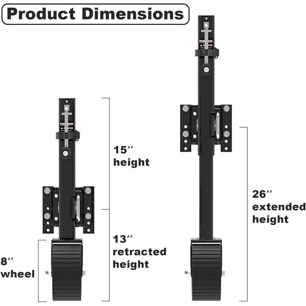 Gato para remolque con ruedas de 8 pulgadas, movimiento vertical de 13", 2000 libras, para vehículos recreativos, barcos, remolques y más, negro