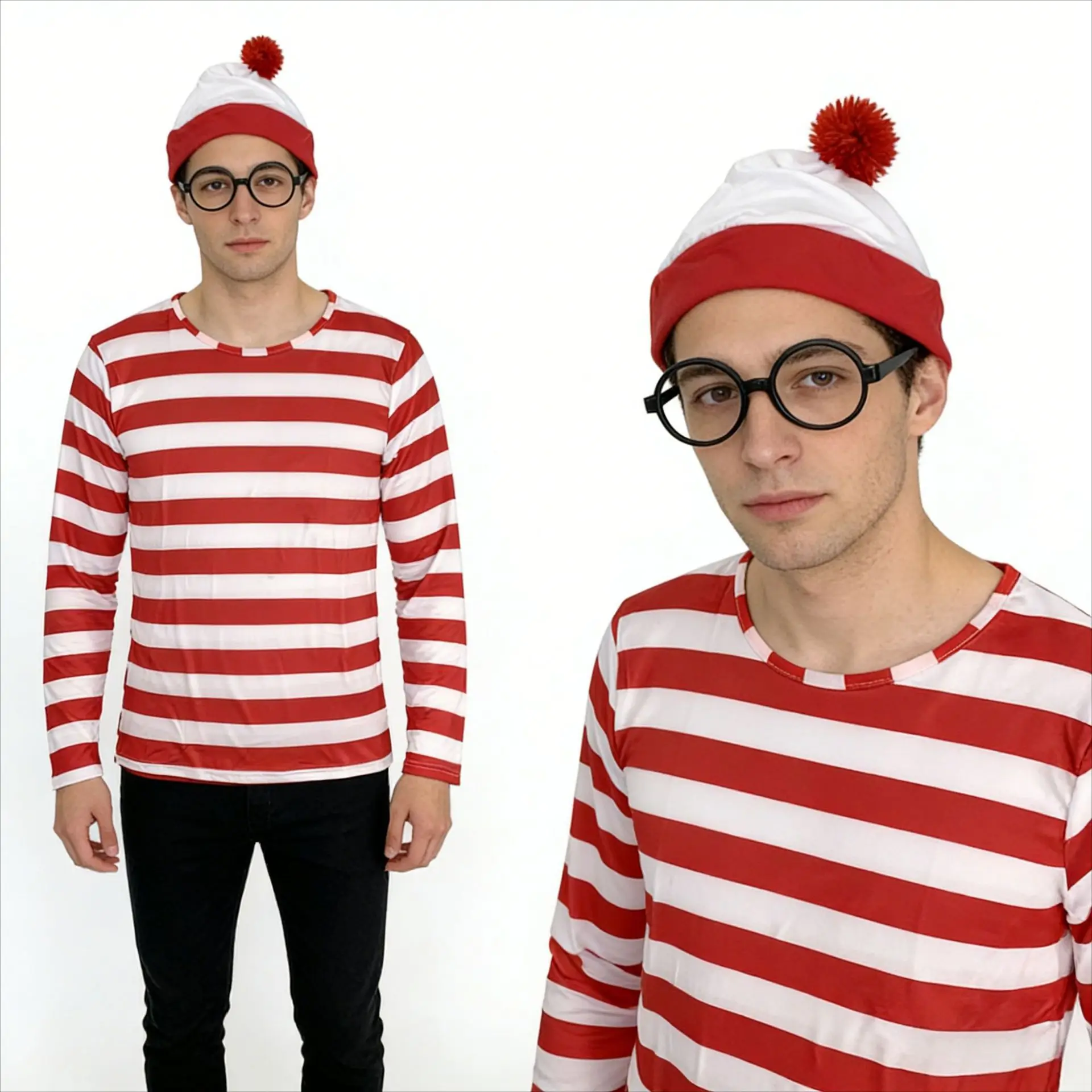 Cartoon Wheres Waldo Striped Shirt Youth Boys Wally Costume Shirt Glasses and Hat Socks Unisex Adults Carnival Cosplay Costume