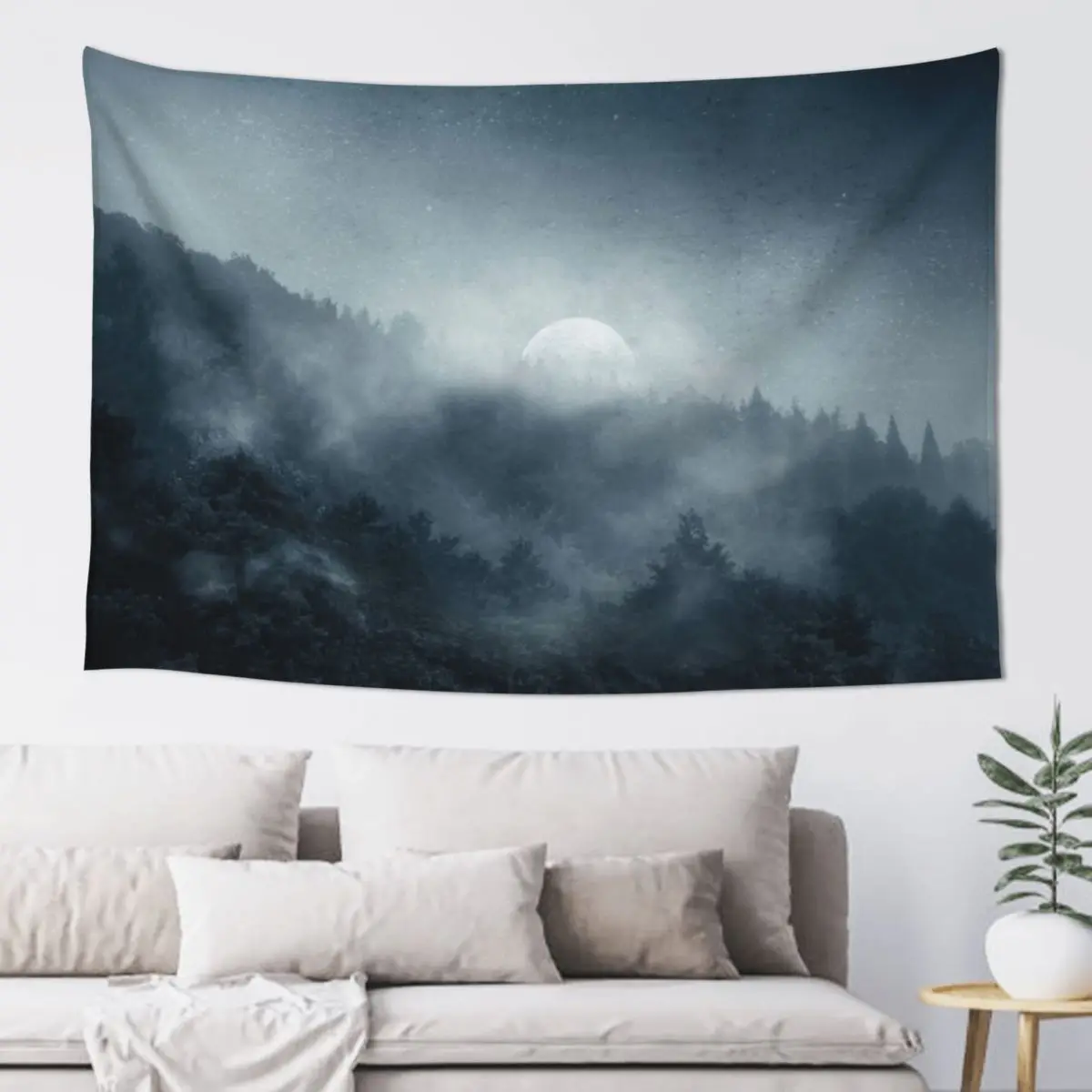 

Night Shadows - Moon Over Misty Forest at Night Tapestry Room Decor Korean Style Wall Deco Cute Room Decor Tapestry